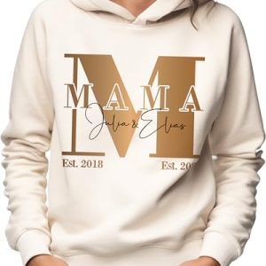Pullover mit Kapuze Damen personalisiert mit 3 Kindernamen Geschenk für beste Mama, Mom Hoodie Pulli mit 2 Kinder Namen Familien, Kapuzenpullover Kleidung Oberteil Frauen weiss schwarz Bio Baumwolle