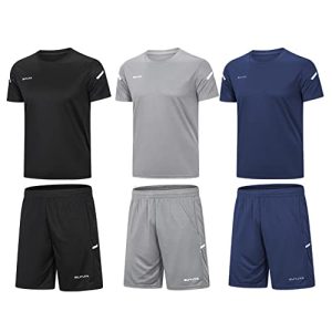 BUYJYA Herren-Trainingskleidung, athletische Shorts, Shirt-Set, 3er-Pack, für Basketball, Fußball, Training, Laufen, Fitnessstudio, Schwarz-Marine-Grau, XX-Large