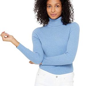 State Cashmere Damen Gerippter, langärmliger Pullover aus 100% reinem Kaschmir mit Rollkragen, Baby Blau, Gr.- S