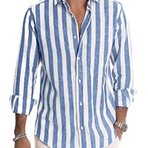Meilicloth Hemd Herren Gestreiftes Langarm Baumwolle Leinenhemd Freizeithemd Buissness Sommerhemd Casual Regular Fit Himmelblau Weiß L