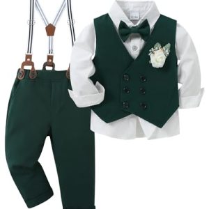 ZOEREA Baby Jungen Bekleidungsset Anzug Gentleman Festliche Taufe Hochzeit Langarm Kleid Hemd + Bowtie + Weste + Boutonniere + Hosenträge Grün,18-24 Monate