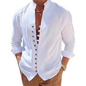 Puimentiua Leinenhemd Herren Langarm Leichtes Sommerhemd Strand Henley Shirt mit Stehkragen,Weiss,XL