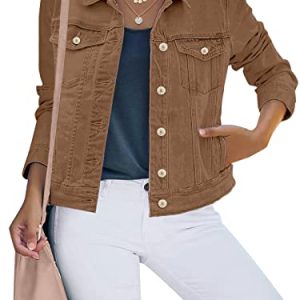 luvamia Damen-Jeansjacke mit Knopfleiste, Stretch, enganliegend, lange Ärmel, Denim-Jacke, Braun, M