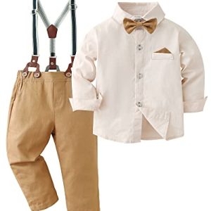 Amissz Baby Jungen Gentleman Set, Kinder Festliche Kleidung Taufkleidung Anzug Langärmeliges Shirt & Hosen Outfit Aprikose, 2-3 Jahre