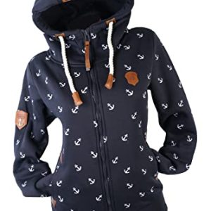 VIN TE Damen Sweat Jacke Kapuze Hoodie Fleece Übergangsjacke Anker meliert oder Unifarben S M L XL 2XL 3XL (Blau-Anker2040, 3XL)