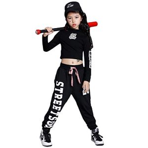 Mädchen Hip Hop Kleidung, Kinder Street Dance Outfit, kurzes T-Shirt, Baggy Jogginghose Tanzkleidung, Schwarz, 140