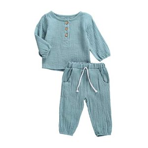 Geagodelia Babykleidung Set Baby Jungen Mädchen Kleidung Outfit T-Shirt Top + Hose Shorts Neugeborene Weiche Einfarbige Babyset T-47740 (Türkis - Langarm, 18-24 Monate)