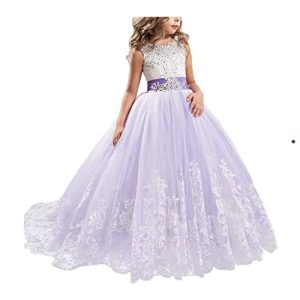 NNJXD Mädchen Spitze Tüll Gestickte Prinzessin Prom Ballkleid Formale Partei Lang Schwanz Kleider Größe (170) 14-15 Jahre 406 Lila-A