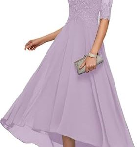 TANPAUL Damen Lang Vokuhila Brautmutterkleider A-Linie Abendkleid Spitze Chiffon Ballkleid Lila 48