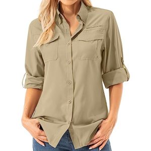 Asfixiado Damen Hemdbluse UV Shirt UPF 50+ Safari Kleidung Wanderbluse Damen Outdoor Cooling Quick Dry Sonnenschutz Langarm Luftiges Hemd（5072 Khaki L）