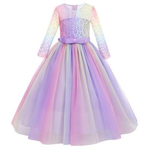 IBTOM CASTLE Mädchen Kinder Spitze Tüll Hochzeit Kleid Prinzessin Kleider Erstkommunion Kleid Regenbogen-Lila 5-6 Jahre