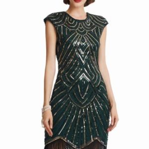 BABEYOND Damen Kleid voller Pailletten 20er Stil Runder Ausschnitt Inspiriert von Great Gatsby Kostüm Kleid (Dunkelgrün Gold, XXXL (Fits 96-100 cm Waist))