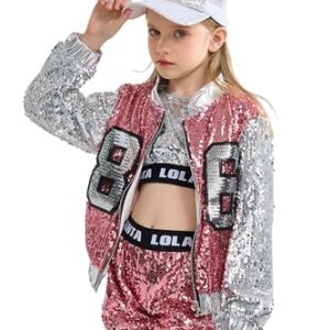4 Stück Mädchen Hip Hop Tanz Kostüm Kinder Pailletten Jazz Tanz Kleidung Set Socken angebracht (152, Rosa)