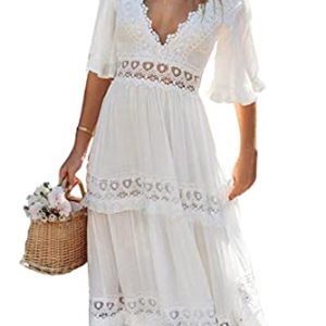 Loalirando Damen Kleider Böhmen Sommerkleid Kurzarm Hohe Taille Maxikleid V-Ausschnitt Lang Casual Rüschenkleid (Weiß, M)