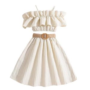 Generic Mädchen Kleider 2023 Sommerkleid Kinderkleid einfarbig hängender Ausschnitt Taillenkollektion Kleid Prinzessin Kleid Mode Outwear T-Shirt Kleid Freizeit Mädchenkleid