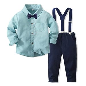 Volunboy Baby Jungen Anzug Set Bekleidung Hemd mit Fliege + Hosenträger Hosen Strampler Anzug(5-6 Jahre,Reines Grün,Größe 130)