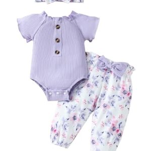 Haokaini Neugeborenes Baby Mädchen Kleidung Set Baumwolle gerippt aus Schulter kurze Ärmel Overall Floral Hose mit Stirnband Sommerkleidung für 0-18M