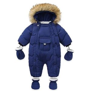 Baby Jungen Mädchen Winter Schneeanzug Kapuze Jacke Gestiefelt Strampler mit Handschuhen Kleinkind Overall mit abnehmbarem Pelzbesatz Blau 6-9 Monate