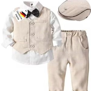 LEONARDINO Baby Jungen Bekleidung Set | Taufe | Junge 5tlg mit Fliege + Weste + Hut Gentleman Langarm Anzug | Outfit für festliche Anlässe | Geburtstag | Hochzeit