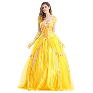 IWEMEK Damen Prinzessinnen-Kleid Schöne Fancy Dress Up Kostüm Erwachsene Halloween Karneval Cosplay Die Schöne und das Biest gelb lang Klassisch Abendkleid Party Weihnachten mit Handschuhe Gr. X-Large
