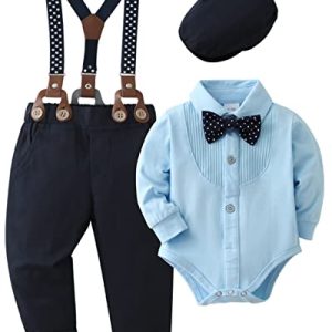 ZOEREA 4tlg Baby Jungen Kleidung Set Taufbekleidung Strampler mit Fliege + Hosenträge Baby Bekleidungssets Gentleman Anzug für Festliche Hochzeit Blau,3-6 Monate