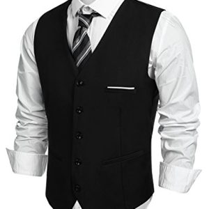 COOFANDY Herren Weste Anzugweste V-Ausschnitt Slim fit Formale Hochzeit Einfarbige Elegant Herrenwesten Business Party Smoking Weste Schwarz L
