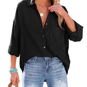 NONSAR Bluse Damen Lässiges Hemd mit V-Ausschnitt 100% Baumwolle Lockere Passform Solide Dickes Oberteil Elegant mit Tasche(9353M,Schwarz)