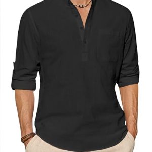 J.VER Schwarzes Hemd Herren Baumwolle Leinenhemd Sommer Shirts Langarm Regular Fit Freizeithemd M