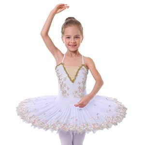 Kinder Mädchen Ballettkleid Ärmelloses Gymnastik Tanztrikot mit Tüllrock Einteilige Ballettanzug Tanzkleidung Gymnastikanzug Mädchen Stickerei Tanzen Performance Kostüm Weiß02 C 9-10 Jahre