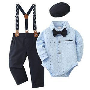 SANMIO Baby Jungen Bekleidung Set, 4pcs Gentlemen Romper Outfits + Suspender Pants + Beret Hat + Bowtie, Hochzeit Taufe Formal Anzug Blau, 6-9 Monate