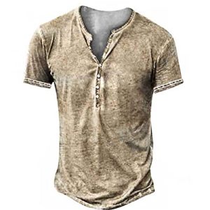 Hemd Herren Kurzarm Henley Shirt Männer Freizeithemd Vintage Casual Leicht Baumwolle Slim Fit T-Shirt