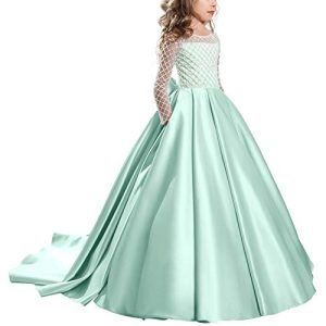 FYMNSI Blumenmädchen Kleid Kinder Prinzessin Langes Abendkleid Brautjungfern Hochzeitskleid Mädchen Langarm Vintage Partykleid Festliches Erste Kommunionskleid Maxikelid Ballkleid Grün 2-3 Jahre