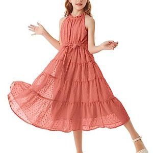 Mädchen Süß Kleid Prinzessin Kleid Neckholder Kleider Swiss Dot Kleid A-Linie Maxikleid Casual Party Festlich Hochzeit Kinderkleidung 12 Jahre Altrosa CL1897S23-19