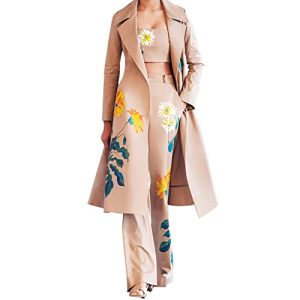 aromm Frauen 3St Gemustert Outfits Elegant Langarm Mantel Eingewickeltes Erntegut Oben Glockenflamme Hosenanzüge Set Khaki, L