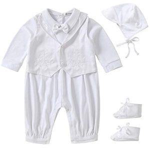 Booulfi Baby Boys' Taufe Kleidung 4PCS Hochzeit Party Formal Anzug mit Kreuz Stickerei lange Ärmel Strampler, Fliege, Hut und Schuhe