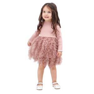 Miipat Baby Mädchen Kleid Langarm Tüll Mädchen Prinzessin Kleid Herbst Winter Kleinkind Strick Gerippte Pullover Kleider Rosa 100 18-24M