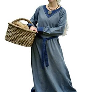 Battle-Merchant Langarm Mittelalter Kleid Jona mit Gürtel für Damen aus Baumwolle | LARP Wikingerkleid als Verkleidung und Kostüm (Blaugrau/Blau, L)