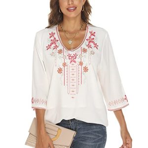 Vakakado Damen Mexikanische bestickte Shirts 3/4 Ärmel V-Ausschnitt Mexiko Bauer Boho Braun Tops Böhmische Bluse Lose Tunika, Weiß-355, XX-Large