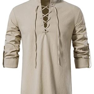 YAOHUOLE Henley Hemd Herren Langarm Leinenhemd Herren Langarm Mitteralterhemd Herren Khaki 2XL
