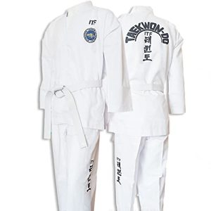 ITF Taekwondo Uniform Kinder Erwachsene Gestreifter Stoff Karate Gi Judo Anzug für Wettkampf und Training,White-160