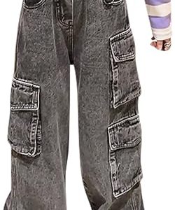 Maeau Cargo Jeans Kinder Mädchen 13 14 15 Jahre Jeans mit Weitem Bein Jeanshose Baggy Jeans Teenager Mädchen Denim Hose Gerades Bein Loose Fit Jeans Elastischer Bund Freizeithose Jean Lange Schwarz