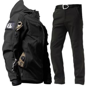 Adhdyuud Herren-Winter-Kapuzenjacke, Fleece-Hose, Set, taktisch, Militär, Outdoor, Jagd, mehrere Taschen, Schwarze Sets, M