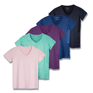 5er-Pack: Damen Kurzarm V-Ausschnitt Activewear T-Shirt Dry-Fit Feuchtigkeitstransport Yoga Top (erhältlich in Plus), Set 15, Mittel