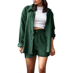 Generisch Hausanzug Damen Casual Outfit Sommer Musselin Set Bluse Hemd und Shorts Sportanzüge 2 Stück Einfarbig Set Outfit Langarm Kordelzug Shorts Loungewear Anzug Pyjama