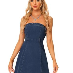Allegra K Damen Denim Schlauchkleid Ärmellos Knopfleiste Rückenfreies Jeanskleid Minikleid Blau M