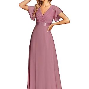 Ever-Pretty Damen Abendkleid Frau A-Linie Chiffon Festliches Kleid V Ausschnitt Hochzeit Bodenlang Orchidee 42