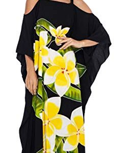 SHU-SHI Damen Kaftan Kleid Maxi Strand Cover Up Cold Shoulder Plus Size Caftan Floral Coverup - Schwarz - Einheitsgröße