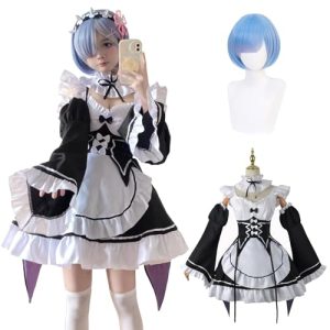 Fiamll Anime Rem Cosplay Kostüm Outfit Re Life In A Different World From Zero Maid Kleid Uniform Komplettes Set Karneval Dress Up Anzug mit Perücke für Frauen Mädchen XL