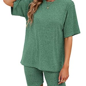 NIUDAU Trainingsanzug Damen Jogginganzug Tracksuit Sport Set 2 Teilig Sportanzug Kurzarm Shirt und Kurze Hosen Set Zweiteiler Freizeitanzug
