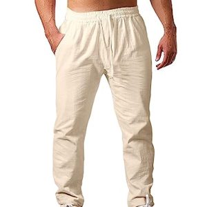 Cegerne Herren Leinenhose Lang Leicht Sommerhose Mittelalter Loose Fit Casual Freizeithose für Urlaub Strand Alltag, Beige, L